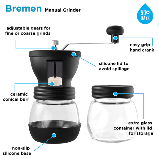 GROSCHE Bremen Manual Ceramic Burr Coffee Grinder with Extra Storage Canister- Black, 100gx2 capacity