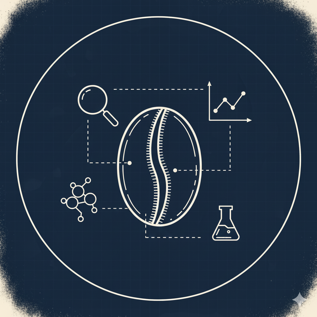 Illustration of a coffeee bean with scientific symbols on a dark blue background