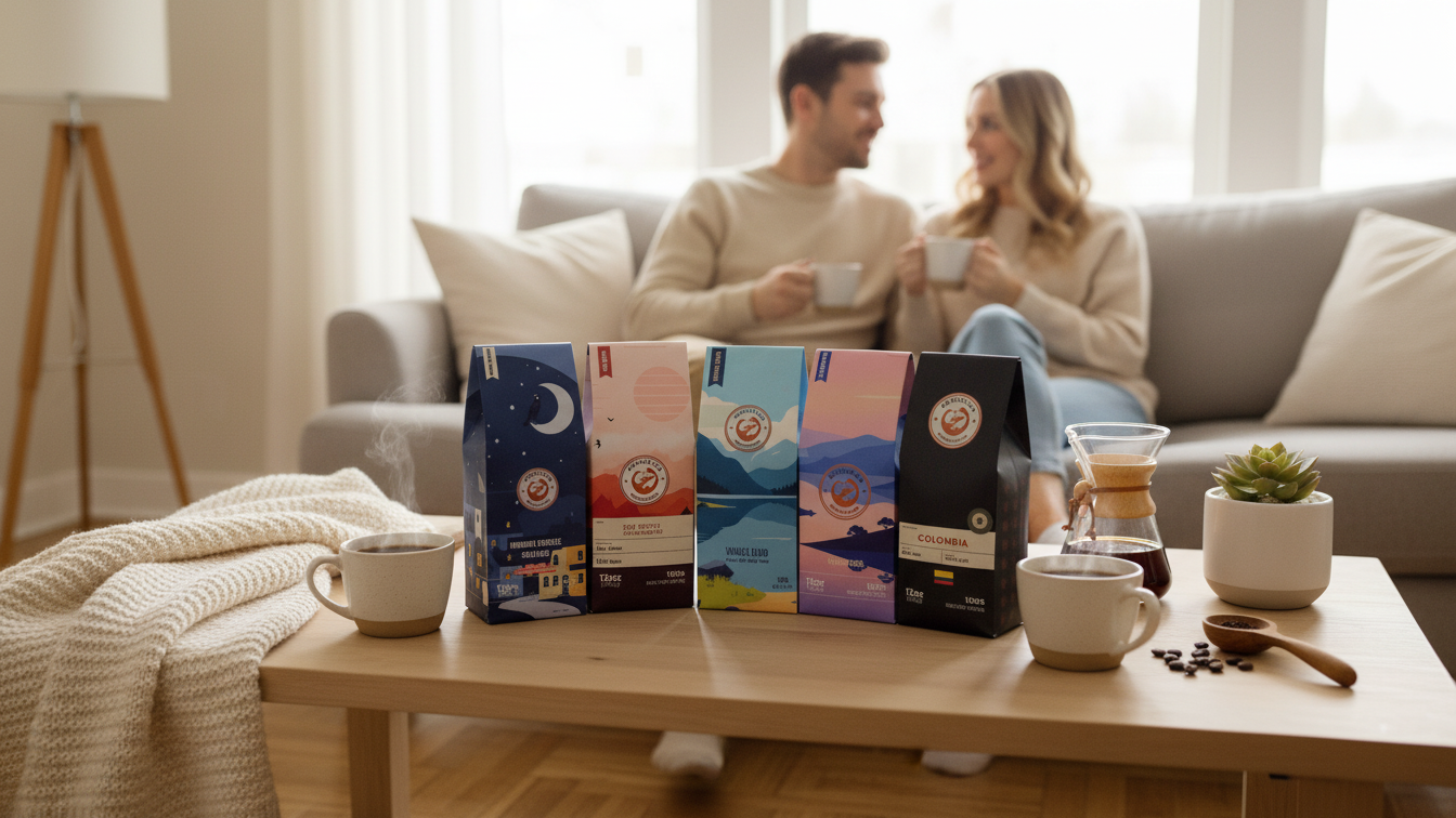Man and woman sitting on a couch with coffee bags and cups on a table in a cozy living room.