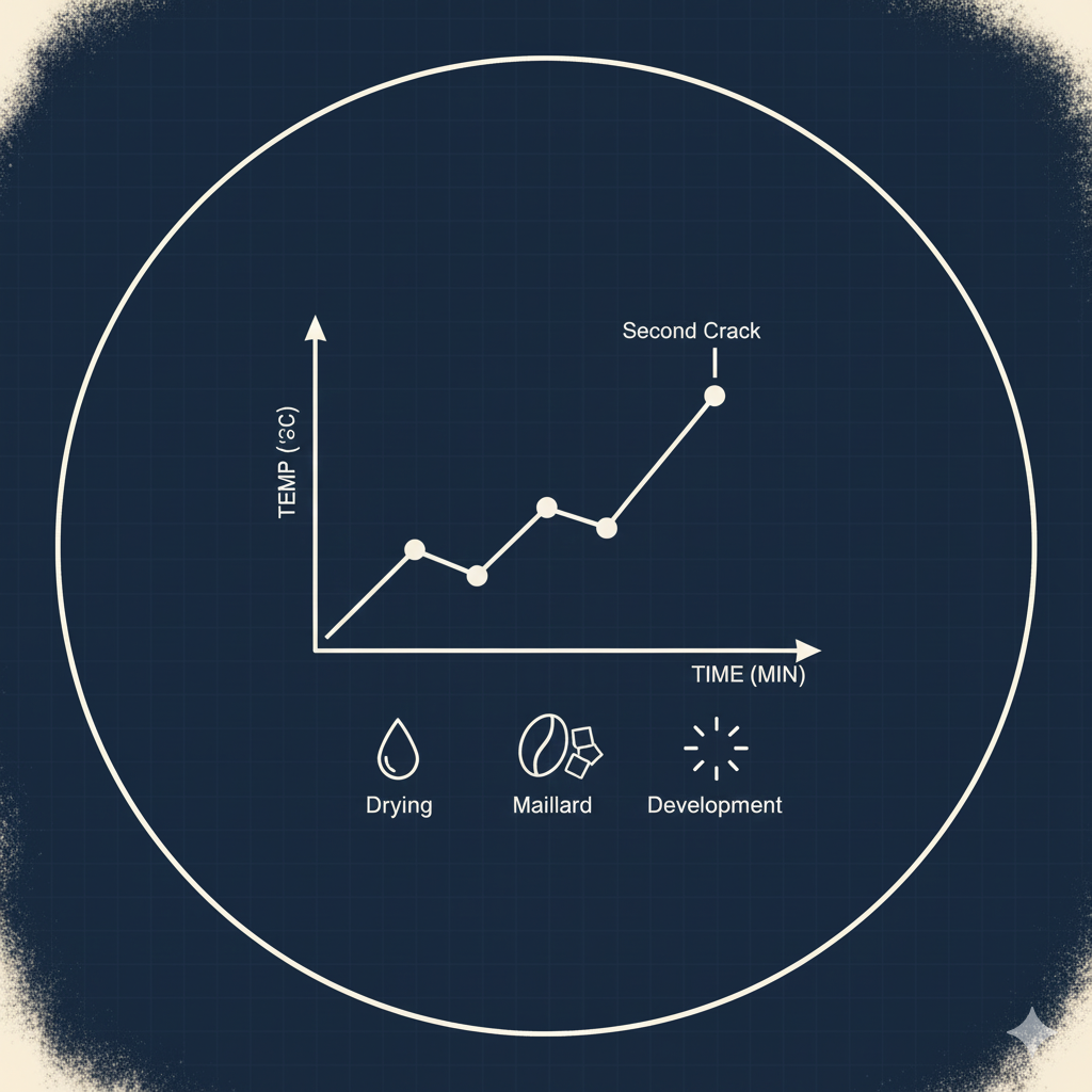 Graph showing temperature over time with labels for drying, Maillard development, and second crack on a dark blue background.