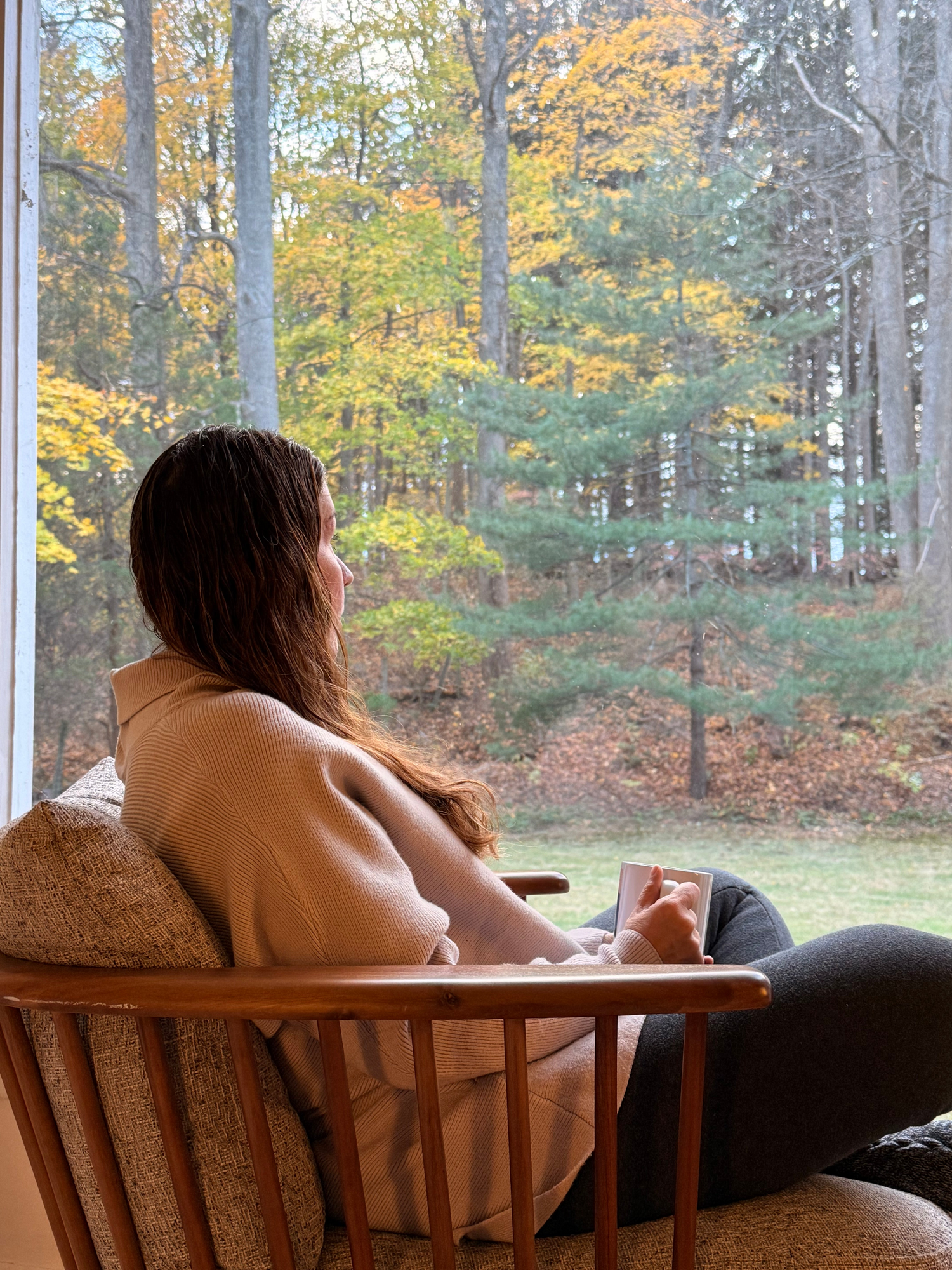 Person sitting in a chair looking out of a window at a forest with autumn foliage.